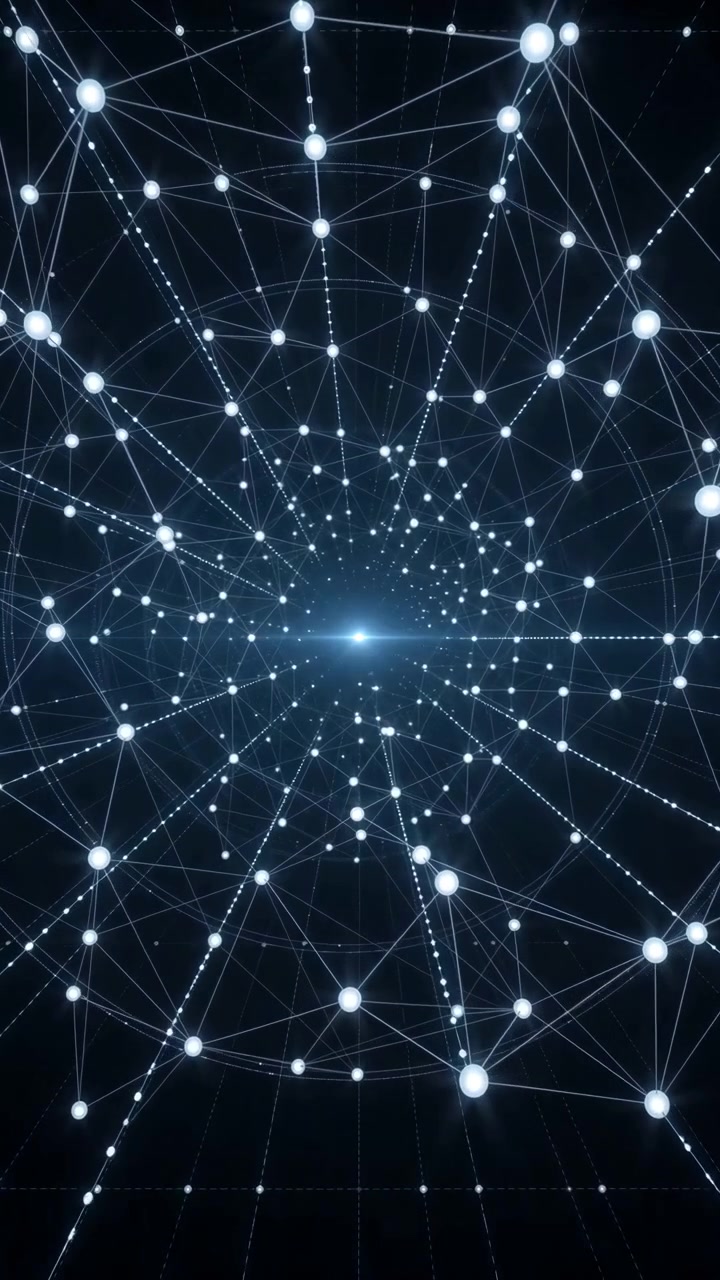 Symmetrical web of luminous nodes and connecting lines on a dark background, centered around a bright light with a futuristic data and communication feel