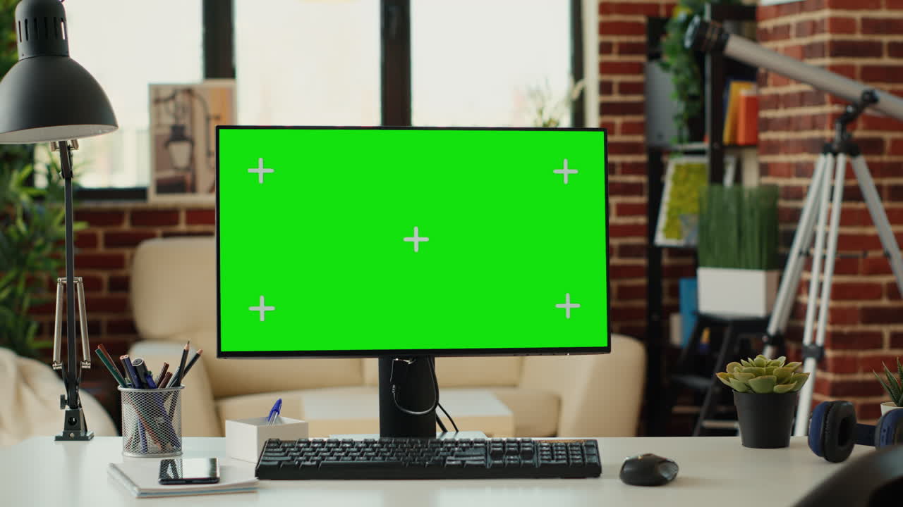 Empty desk with computer and greenscreen on monitor