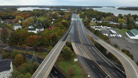 gorgeous drone shot of the i-295 highway running through portland, maine