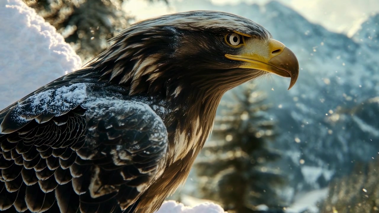 Aquila reale appollaiata in un paesaggio montano innevato