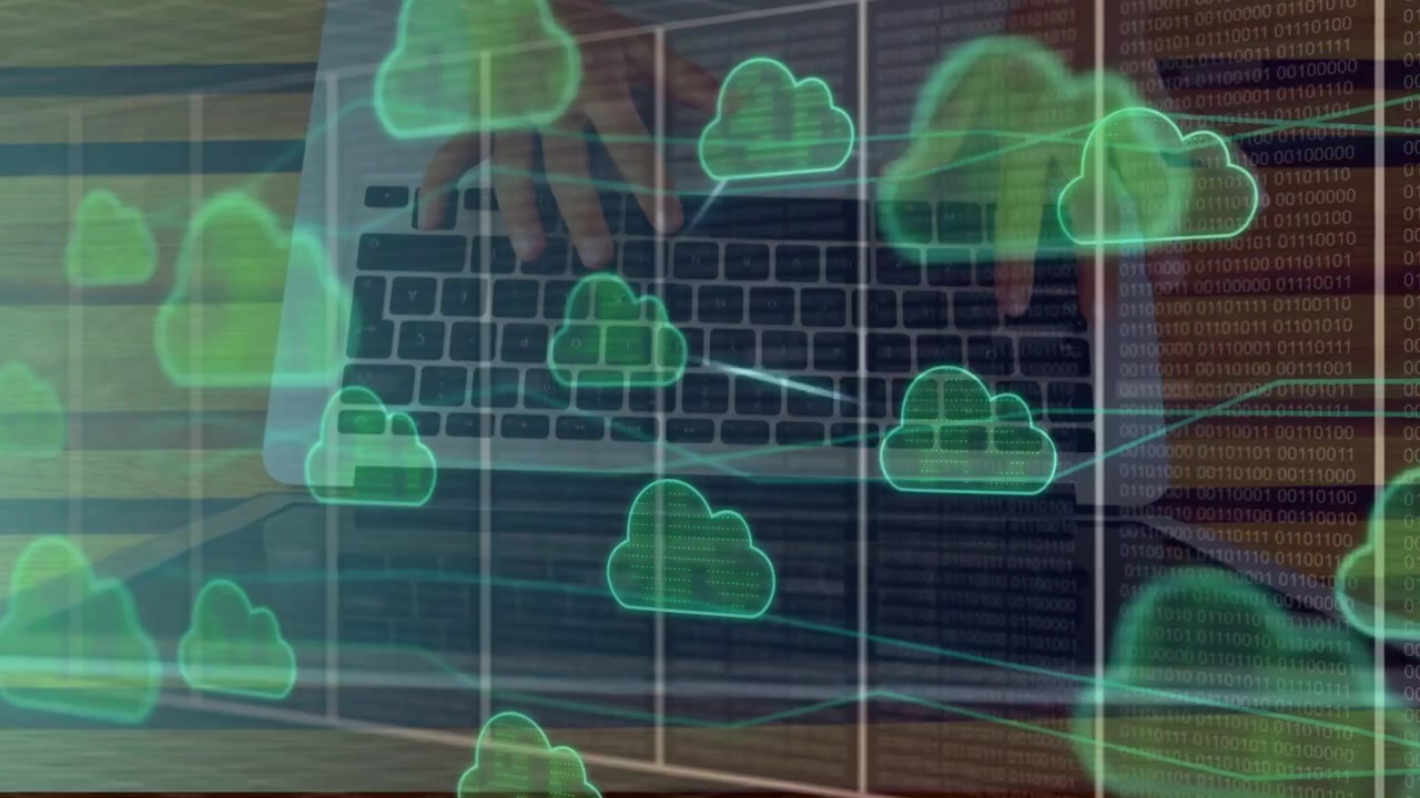 Neon-green cloud appearing, hands typing on laptop, cloud icons connecting and transferring data