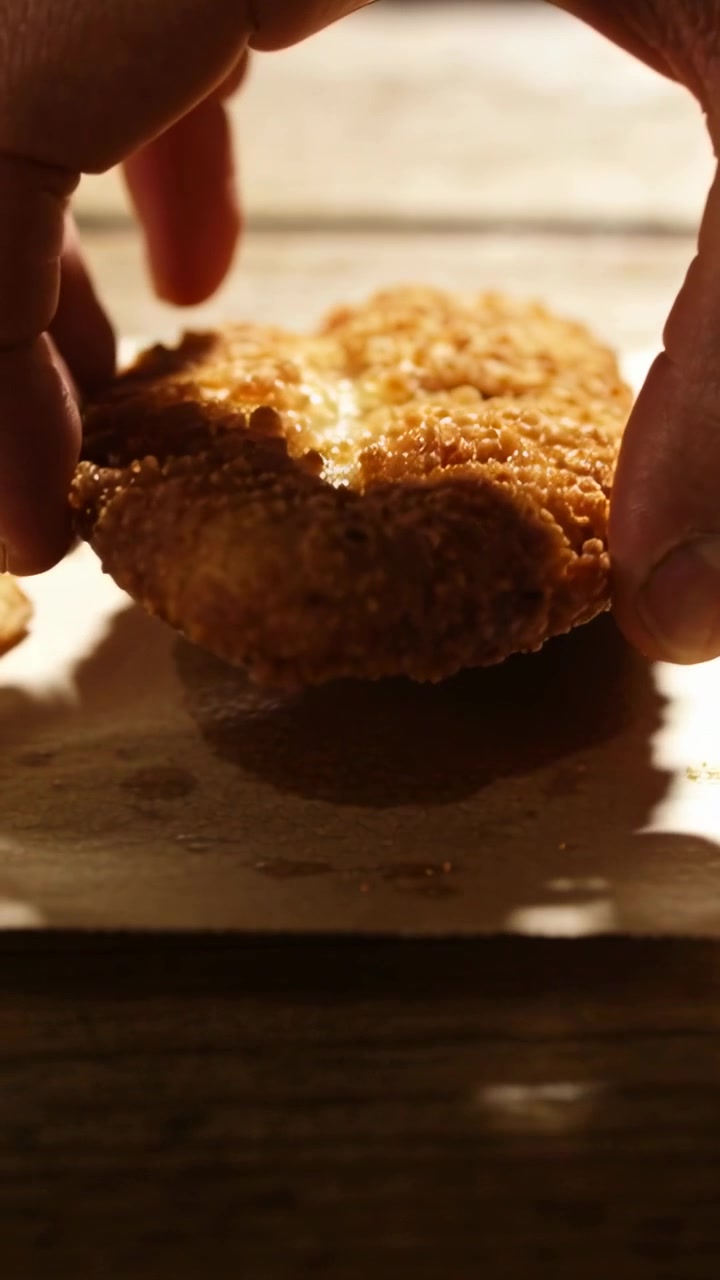 Vertical video: Reaching adult hands holding and examining fried cutlet on parchment