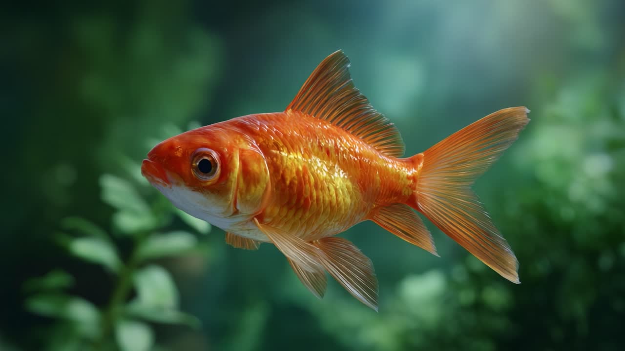 En fortryllende guldfisk, der svømmer yndefuldt i et frodigt undervandsmiljø, og fremviser sine livlige orange og gyldne skæl under blød undervandsbelysning