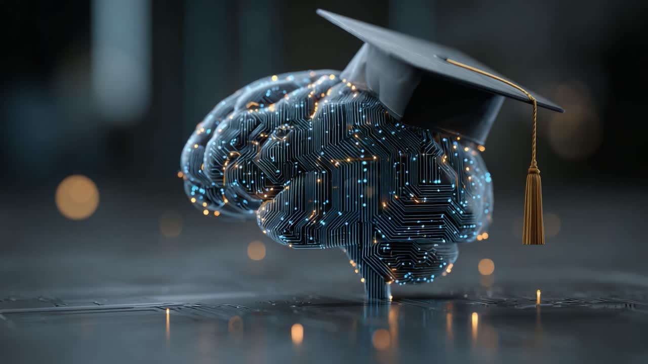 Transformative Future of Education: A Visualization of Knowledge and Intelligence Represented by a Digital Brain Wearing a Graduation Cap Symbolizing Innovation and Learning