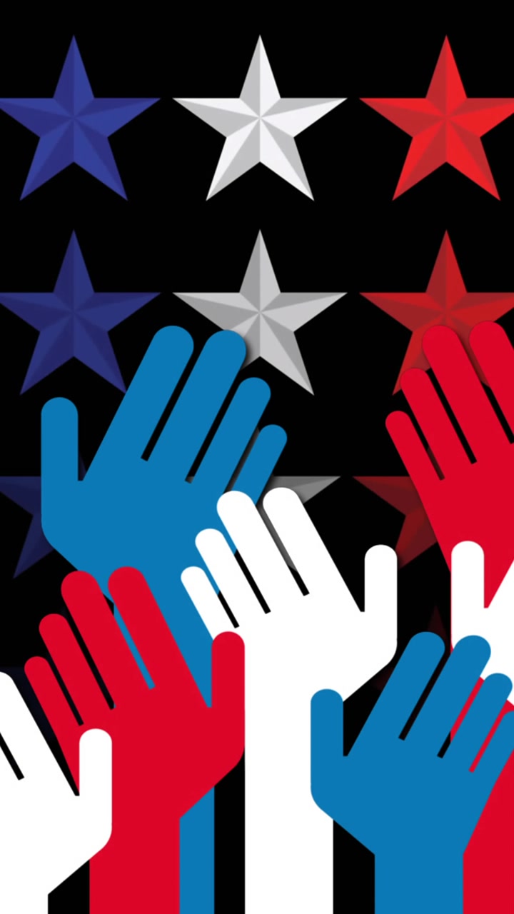 Animation of red and blue hands and stars on black background
