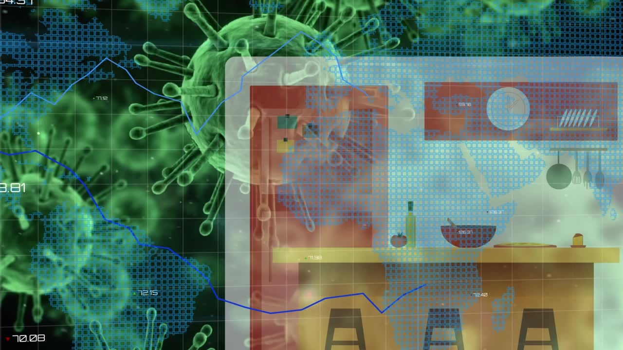 Animazione dell'elaborazione dati su cellule virali e cucina