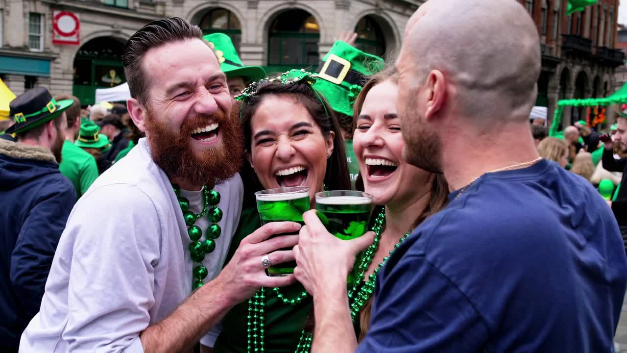 Group of cheerful friends wearing green clothes and accessories toasting with glasses of green beer, laughing and enjoying Saint Patrick's Day Parade in Dublin, Ireland