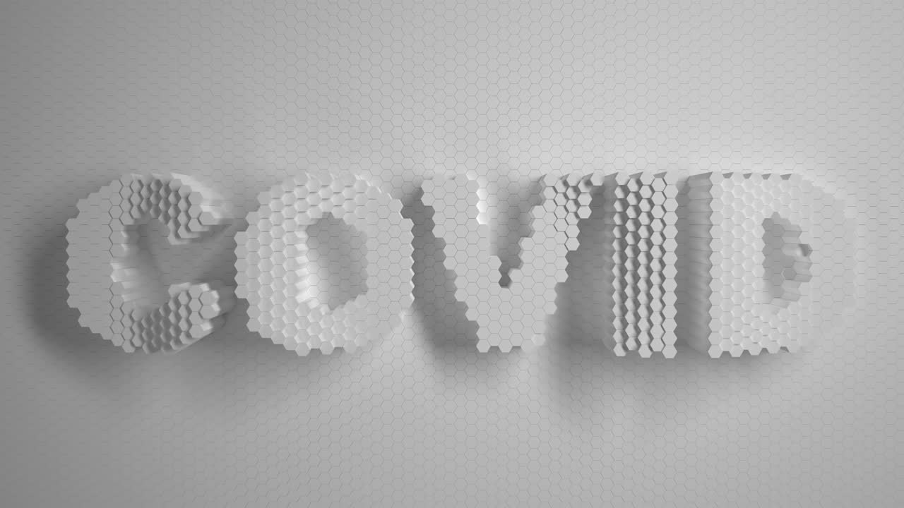 Covid 3d texts about the pandemic modern background. White mosaic surface with moving hexagons.. Logo, text. Cells. Wave. the 4k loop. animation for a business presentation.