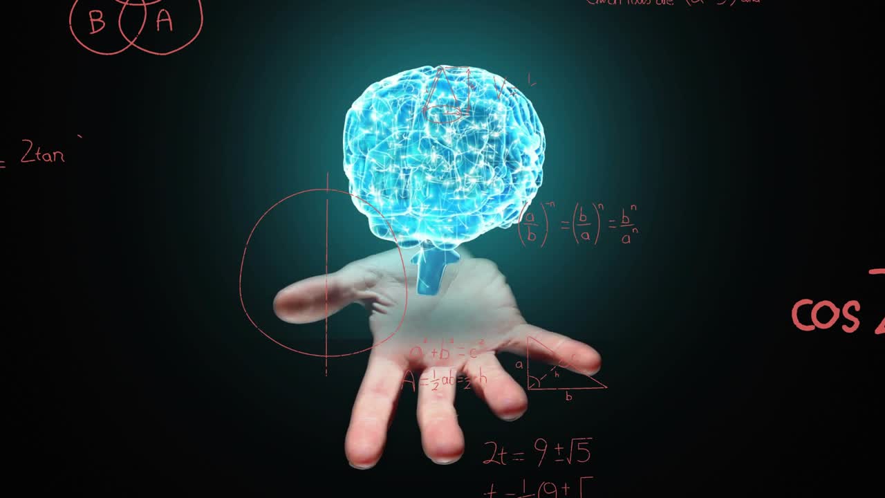 Neon strokes sparking hand rising glowing brain forming above palm math filling void showing ideas