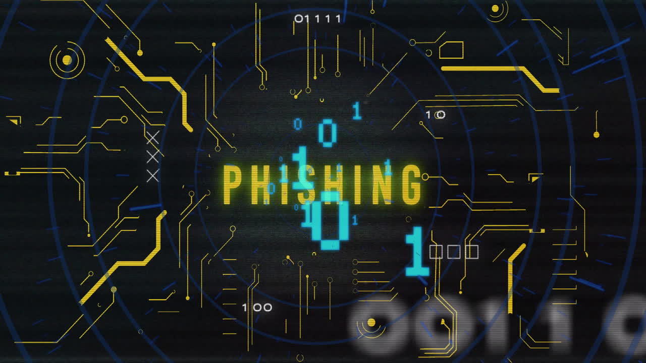 Phishing text animation over digital security elements and binary code