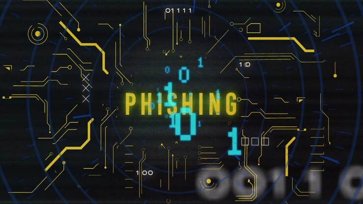 Phishing text animation over digital security elements and binary code