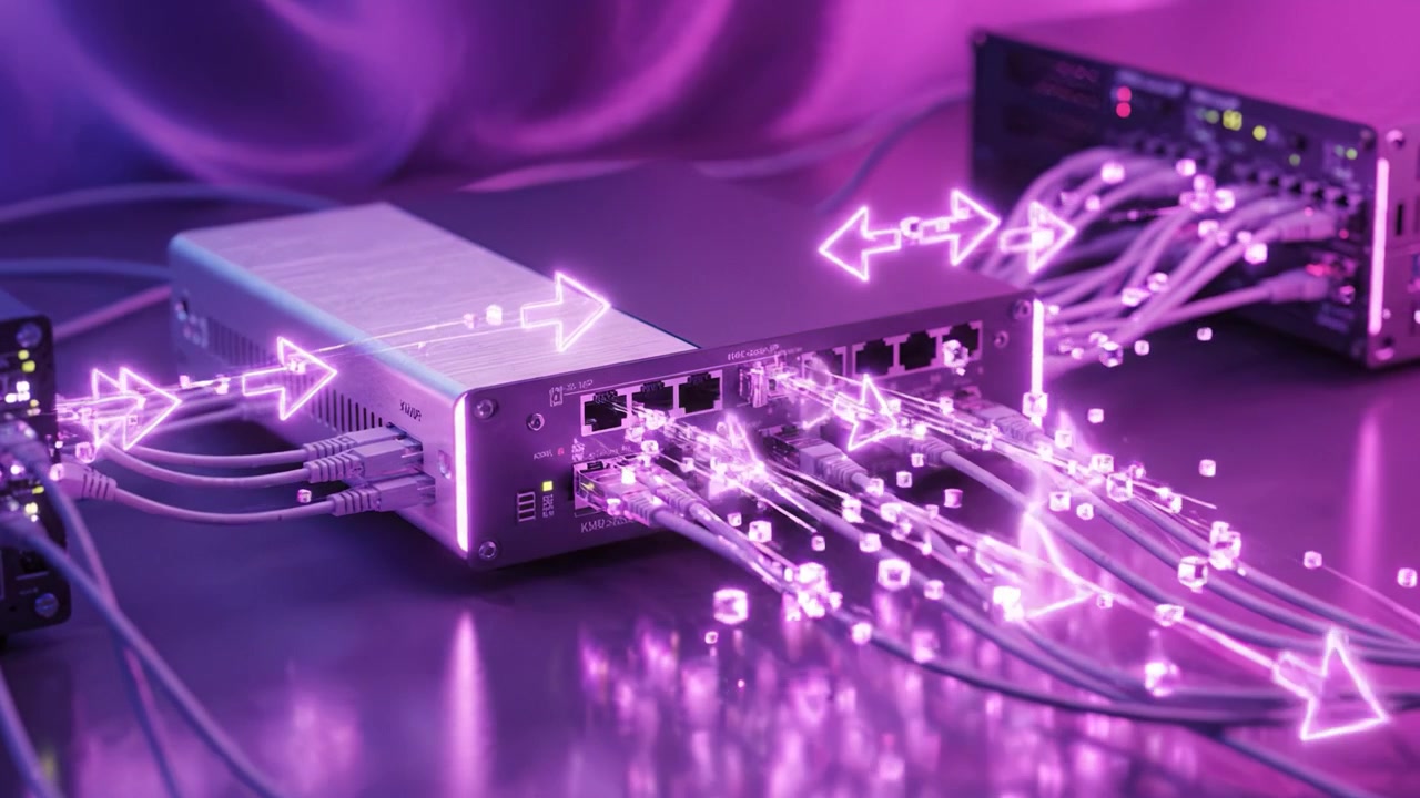 High-Tech Network Infrastructure: A Close-Up of Modern Connectivity Devices with LED Lighting and Cables, Showcasing Data Transmission in a Futuristic Environment