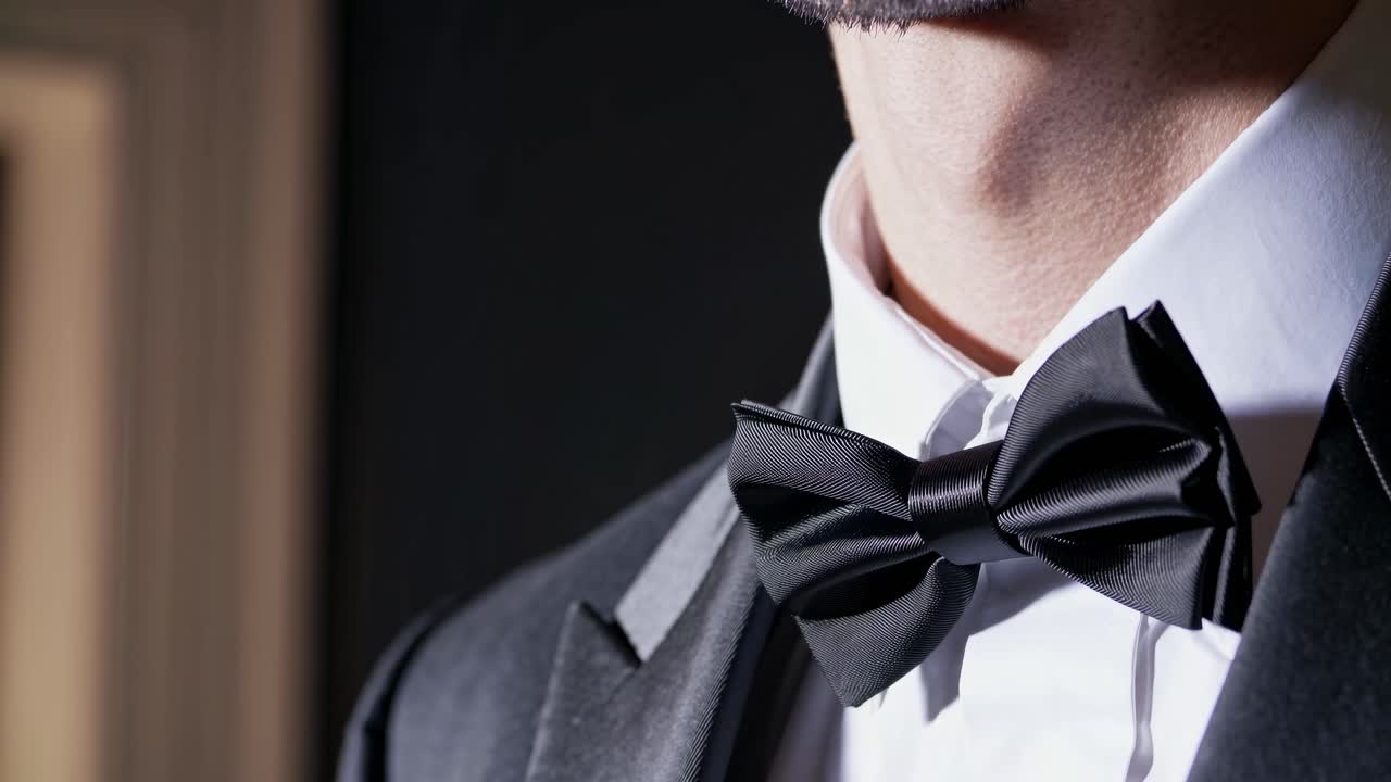 Primer plano de un hombre en esmoquin en el que se destaca la pajarita. El estilo es formal y elegante.