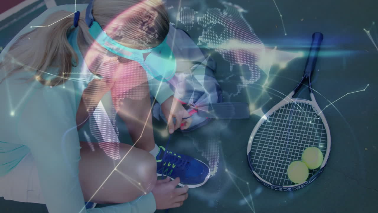 Female athlete tying shoelaces on tennis court while displaying sports technology data visuals