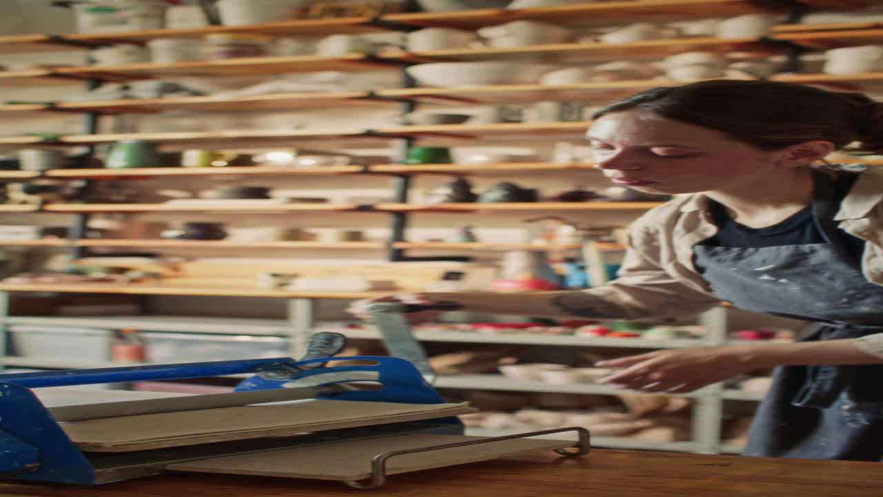 Female Artisan Using Slab Roller for Flattening Clay in Ceramic Studio