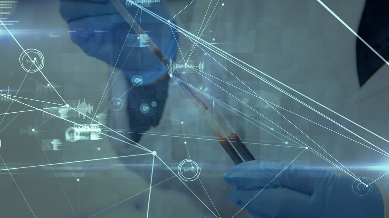 실험실에서 시험 튜브를 들고 있는 과학자의 중간 부분을 가로지르는 연결 네트워크