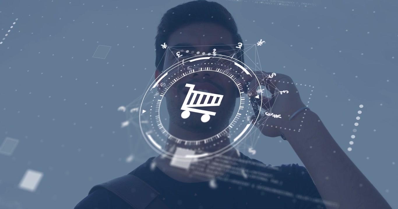 Man holding smartphone to ear, activating HUD for tech shopping cart, rotating then settling rings