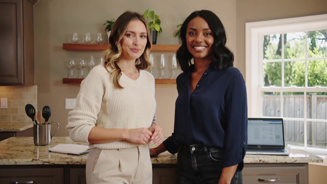 Due donne sorridenti con top in maglia color crema e blu navy al bancone della cucina, che rispondono a un suggerimento della telecamera con un laptop.