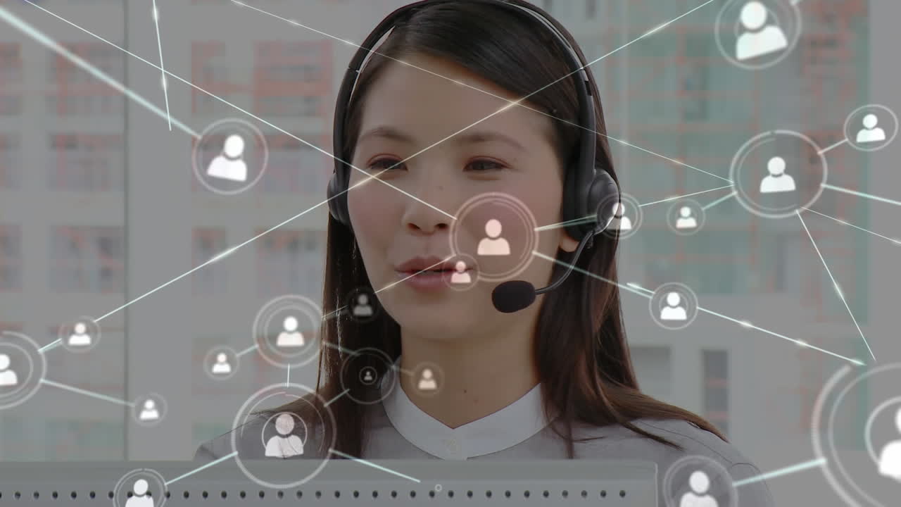 전화 헤드 ⁇ 을 사용하는 사업가 여성에 대한 아이콘과 연결 네트워크의 애니메이션