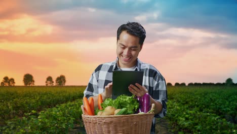 granjero masculino asiático con una canasta de verduras sonriendo mientras usa la tableta en el campo