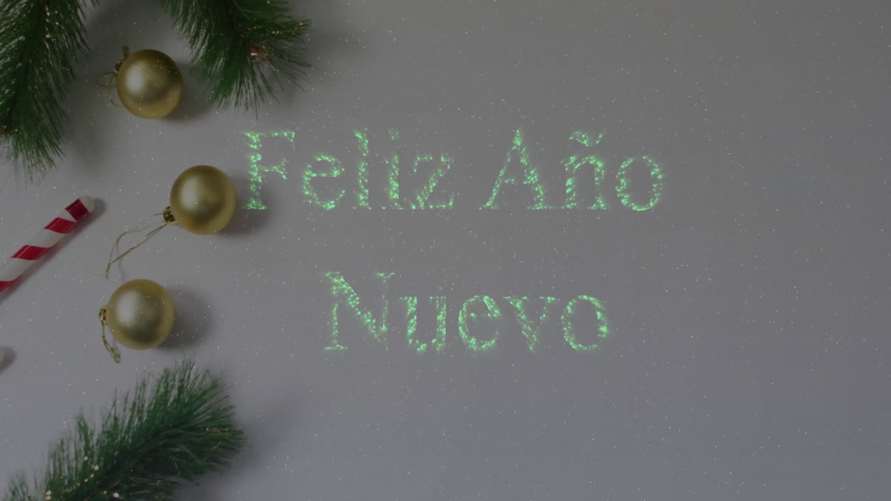 Animation of feliz ano nuevo text over christmas decorations