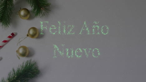 animation of feliz ano nuevo text over christmas decorations