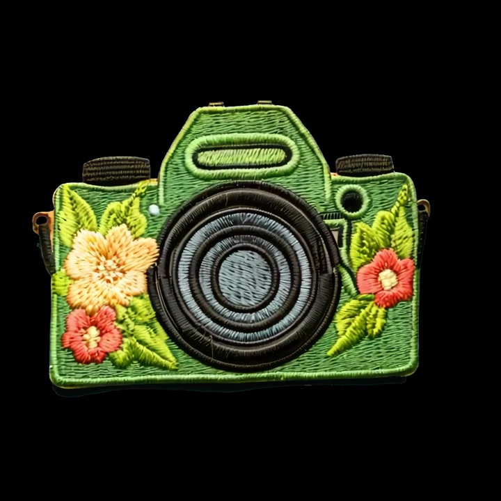 Brodert grønn kameralapp med blomsterdesign
