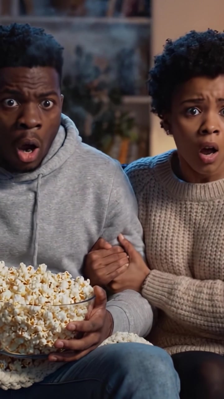 En spændende filmaften: Et par oplever uventede forskrækkelser, mens de nyder popcorn på sofaen, hvilket indfanger essensen af spændende filmoplevelser sammen.