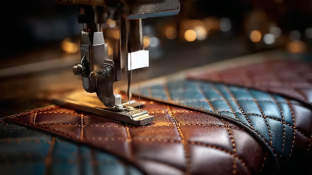 Crafting Precision: A Close-Up View of a Leather Sewing Machine’s Needle in Action, Showcasing the Intricate Stitches on Beautifully Quilted Leather Material
