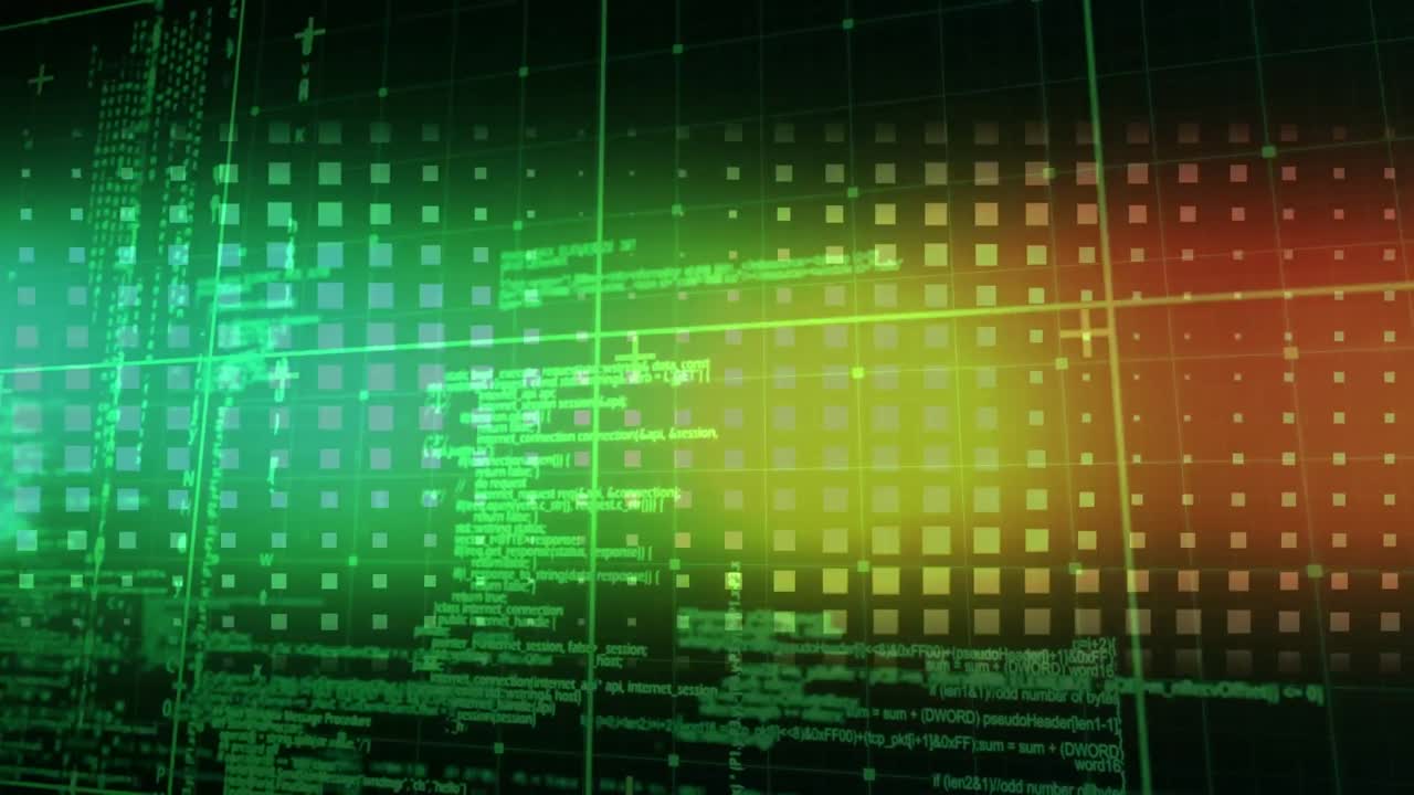animación del procesamiento de datos sobre fondo verde y rojo