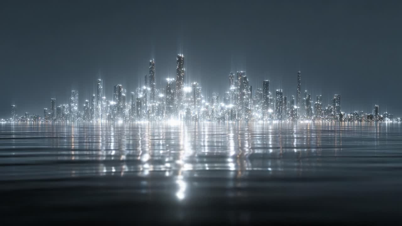 A Stunning View of a Dazzling City Skyline Reflected on Serene Waters at Night, Showcasing Sparkling Lights and Architectural Marvels in a Glimmering Urban Landscape