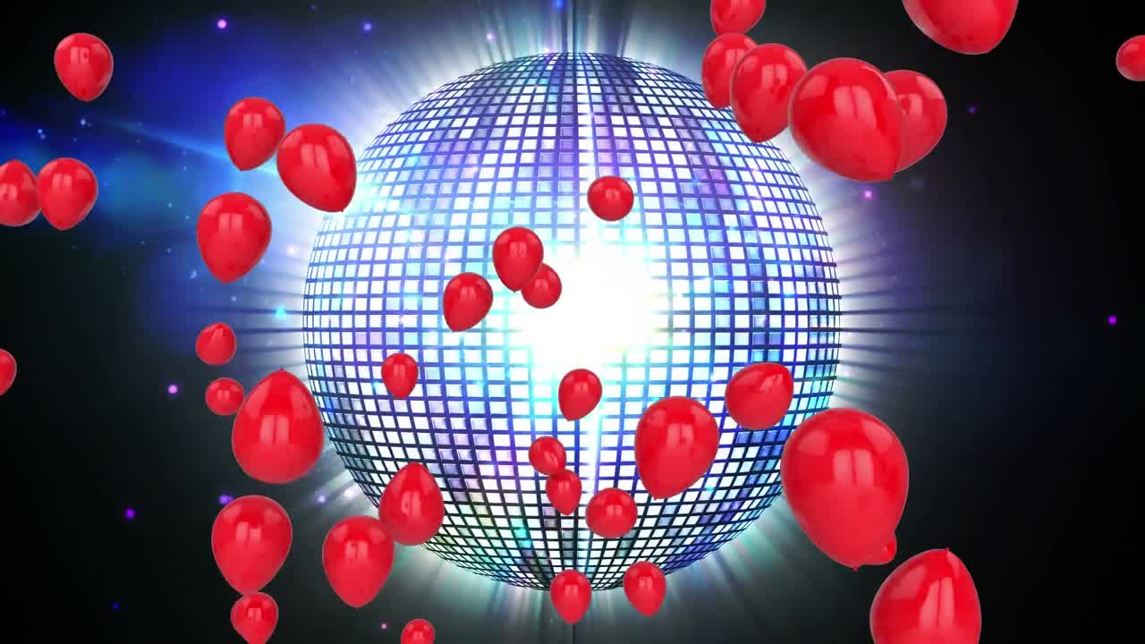 animación de globos flotando sobre una bola de espejo giratoria