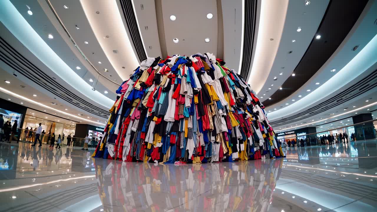 Wide-angle shot of a vibrant clothing sculpture in a modern mall, capturing dynamic architecture