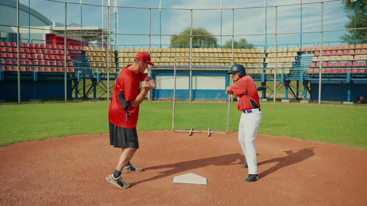 Sessione di allenamento di baseball con allenatore e giocatore
