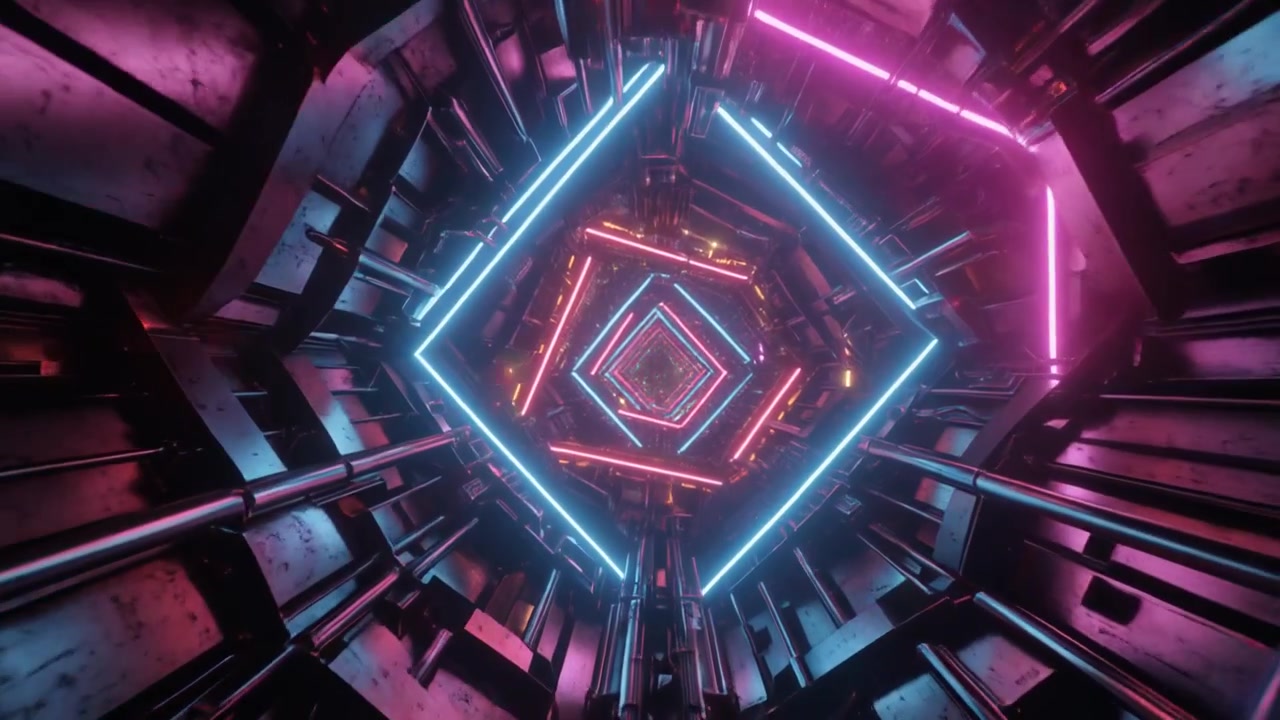 Futuristic Tunnel with Glowing Neon Square Frames