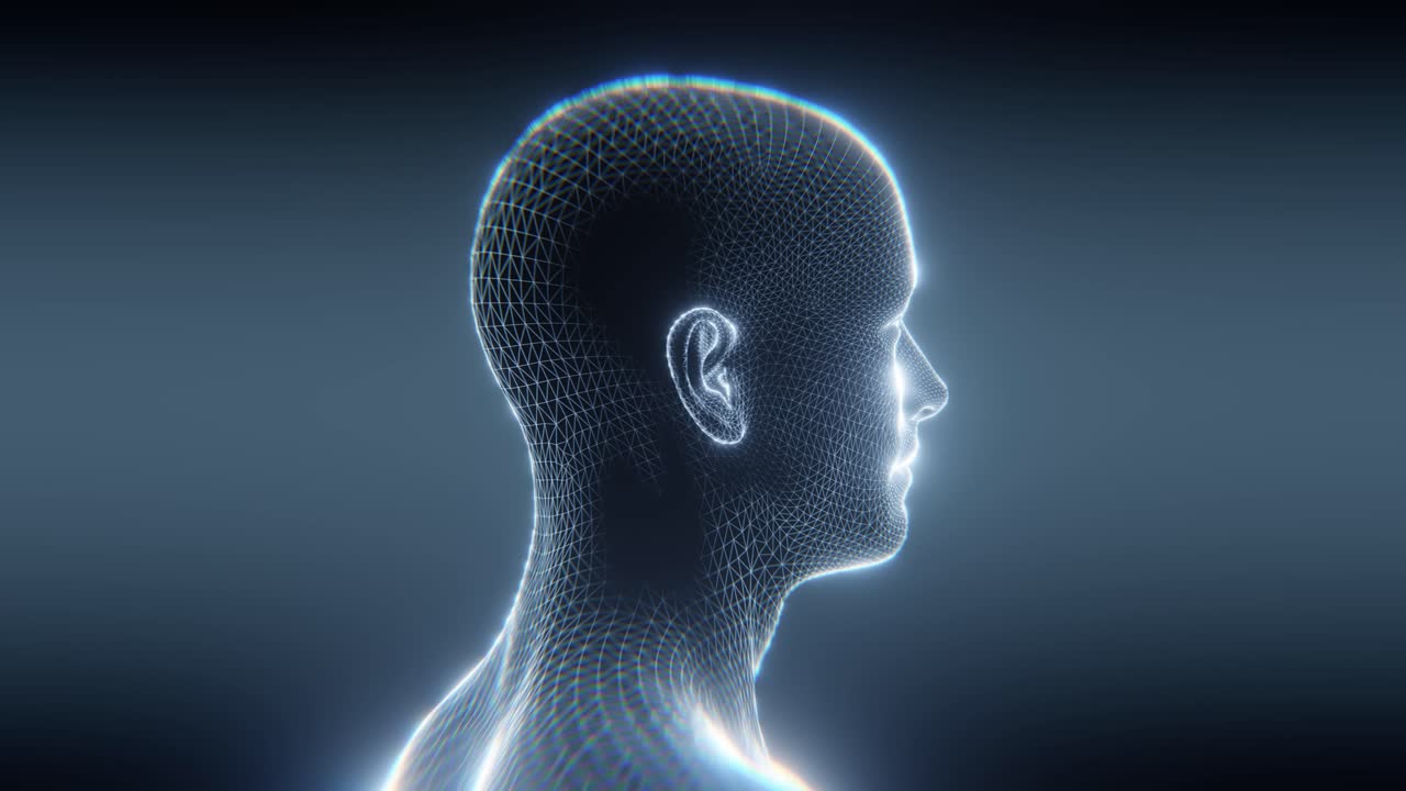 Futuristic Digital Wireframe Human Head Rotating