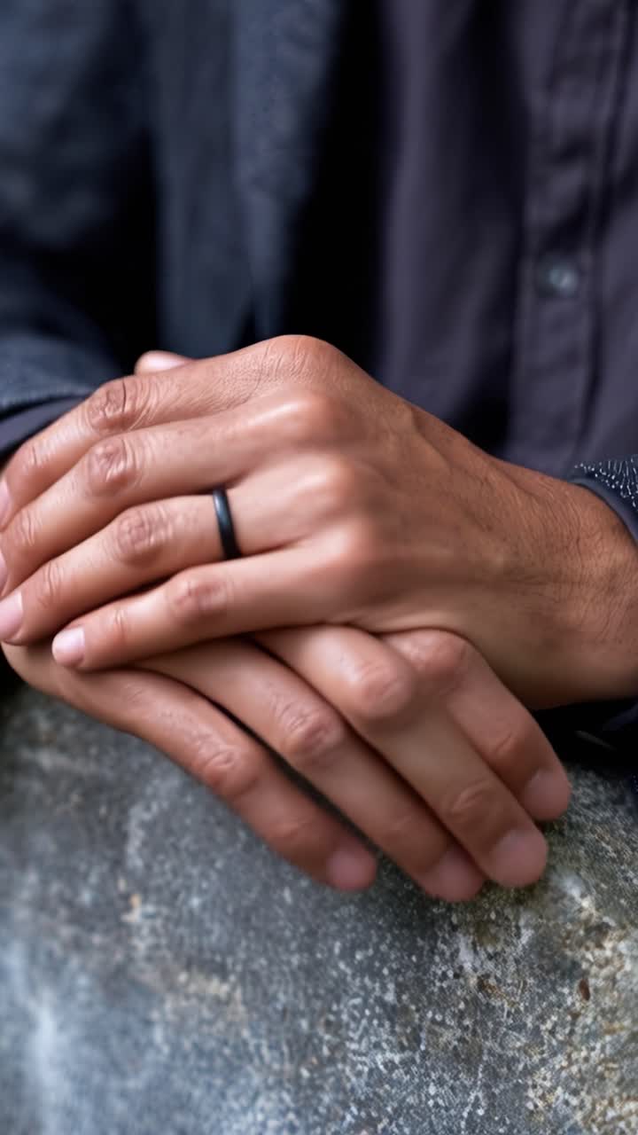 Mani riposano delicatamente su una superficie di pietra grezza. Un anello scuro adorna ogni dito, semplice e discreto. La texture della pelle e le ombre sottili definiscono il momento. L'immobilità suggerisce una contemplazione silenziosa o una pausa.
