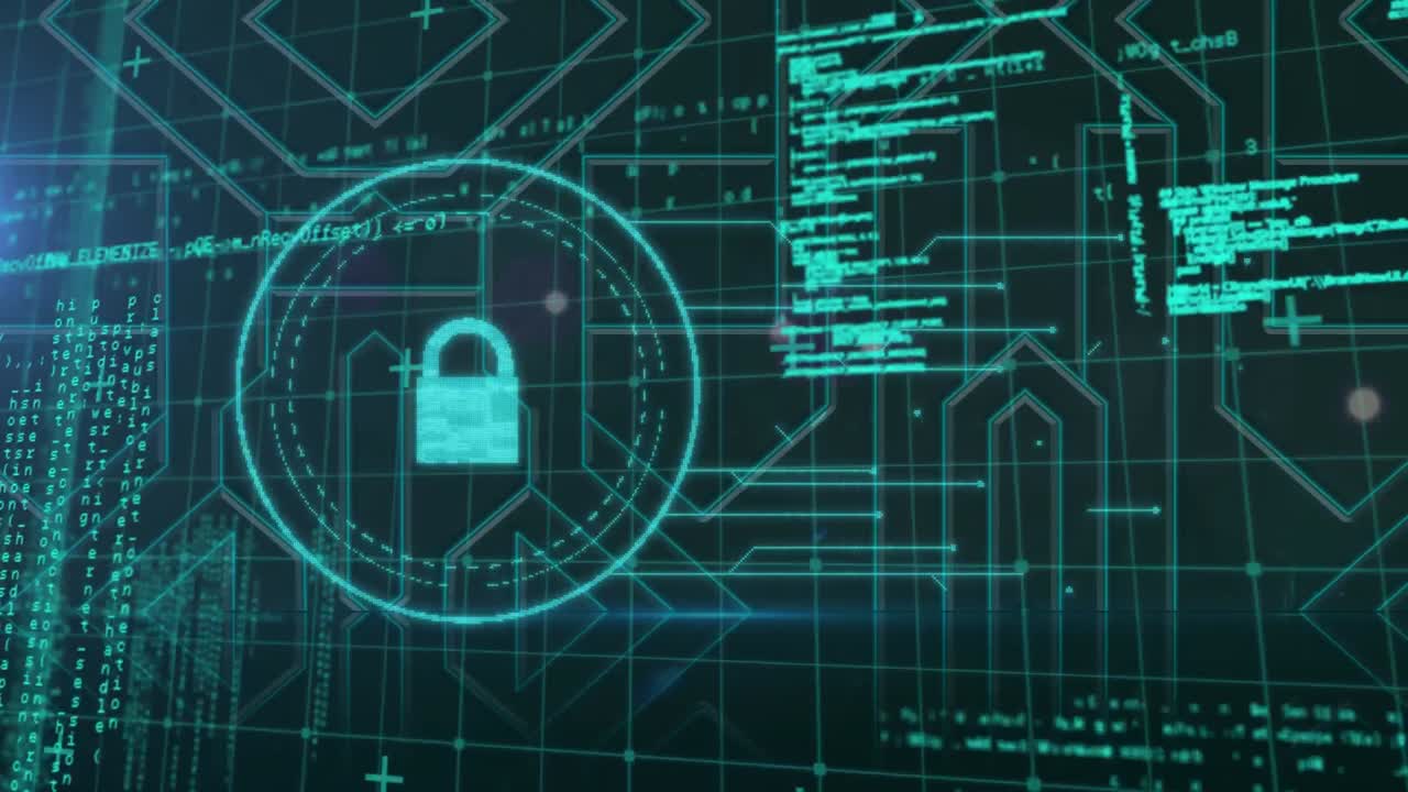 icono de candado de seguridad contra la interfaz digital con procesamiento de datos contra un fondo negro