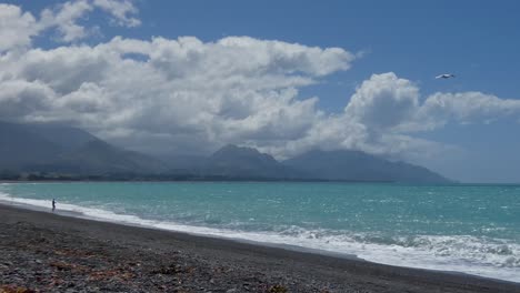 Person-fishing-from-stony-beach-in-turquoise-ocean-on-a-beautiful-summer's-day---Kaikoura-Beach