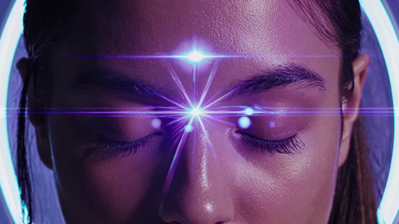 Close-up video still of a woman's face with eyes closed, a glowing light on her forehead