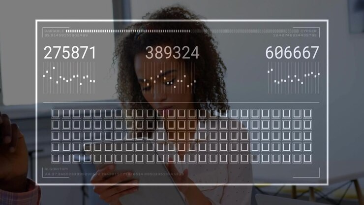 Woman tapping tablet in office causing tech HUD updating numeric readouts, waveforms, monitoring