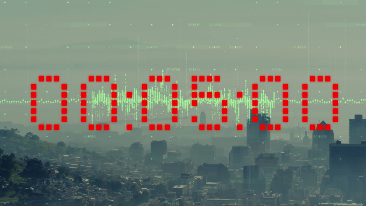 도시 풍경 위의 시계와 함께 다이어그램의 애니메이션과 데이터 처리