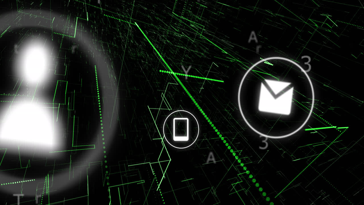 animación de iconos digitales y procesamiento de datos.
