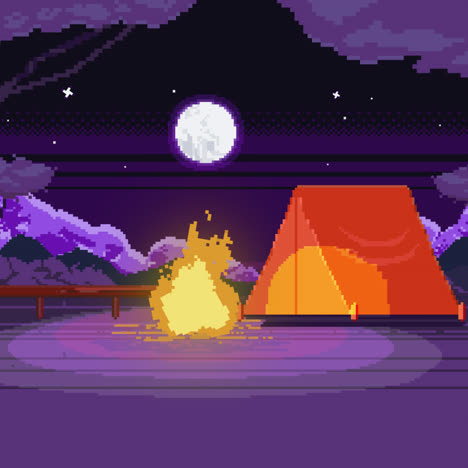 escena de acampada de pixel art por la noche