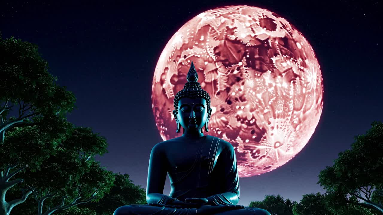 Serene Buddha statue sits in meditation against the backdrop of a luminous full moon. Surrounded by trees, the scene evokes peace and spiritual reflection under the night sky