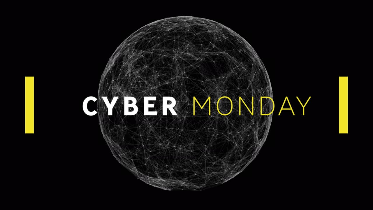 사이버 월요일 텍스트 배너는 검은색 배경에 연결 네트워크의 글로브에 대해