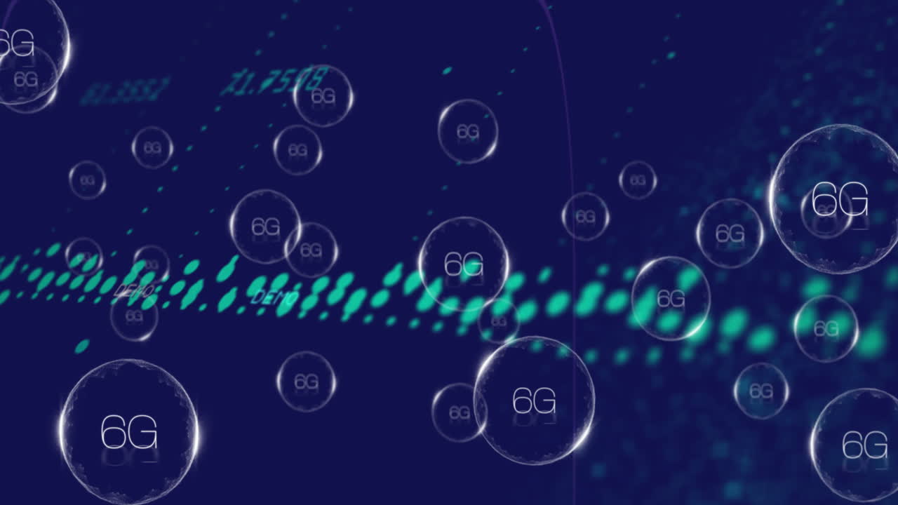 Floating bubbles over digital data visualization, 6G technology concept animation