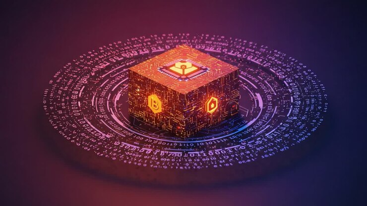 Un cubo digitale circondato da codice binario e simboli che rappresentano concetti di criptovaluta in un vivido ambiente tecnologico
