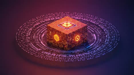 a digital cube surrounded by binary code and symbols representing cryptocurrency concepts in a vivid technological environment
