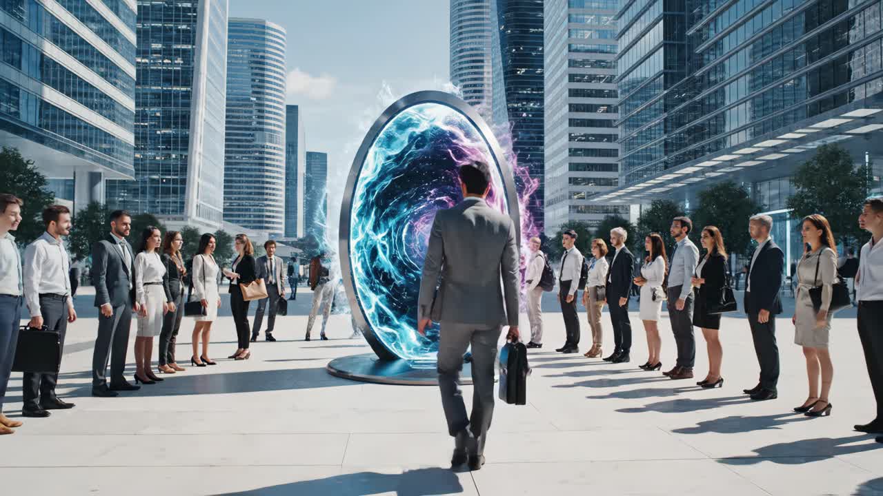 Futuristic portal surrounded by people in a modern cityscape